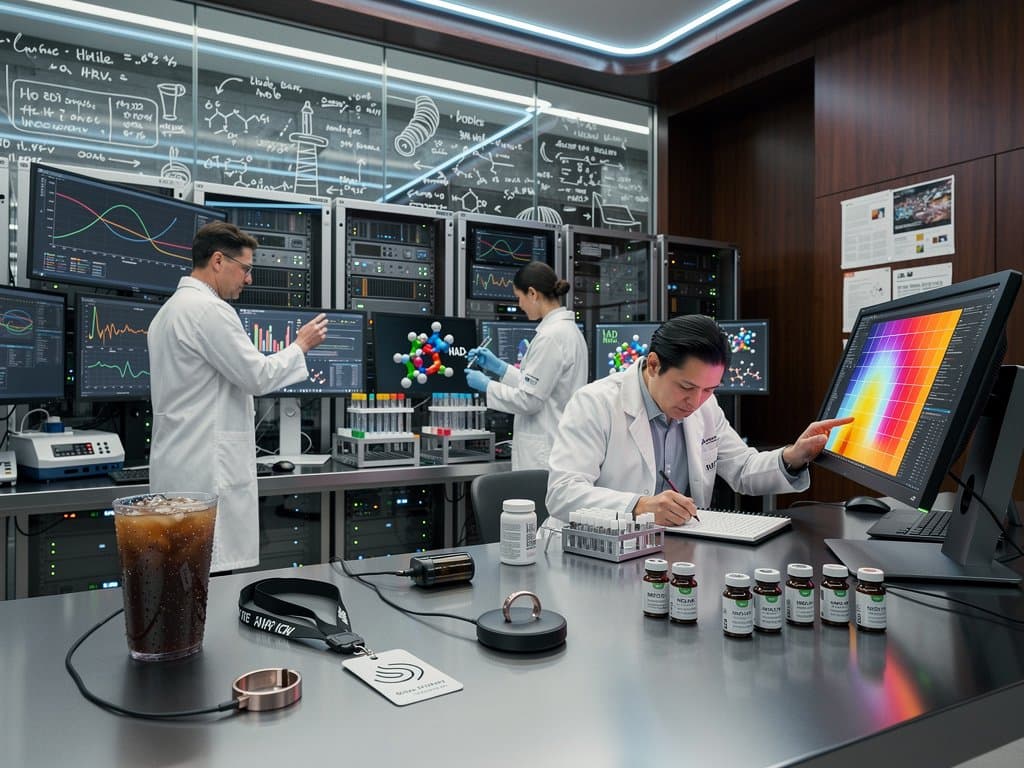 Scientists in modern longevity lab analyzing AI-driven health data on multi-monitor setups amid frosted glass walls and tech collaboration