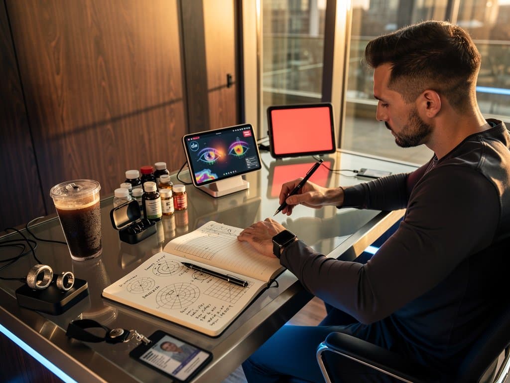 Biohacking desk with smartphone AI app showing eye alignment heatmaps amid longevity tools