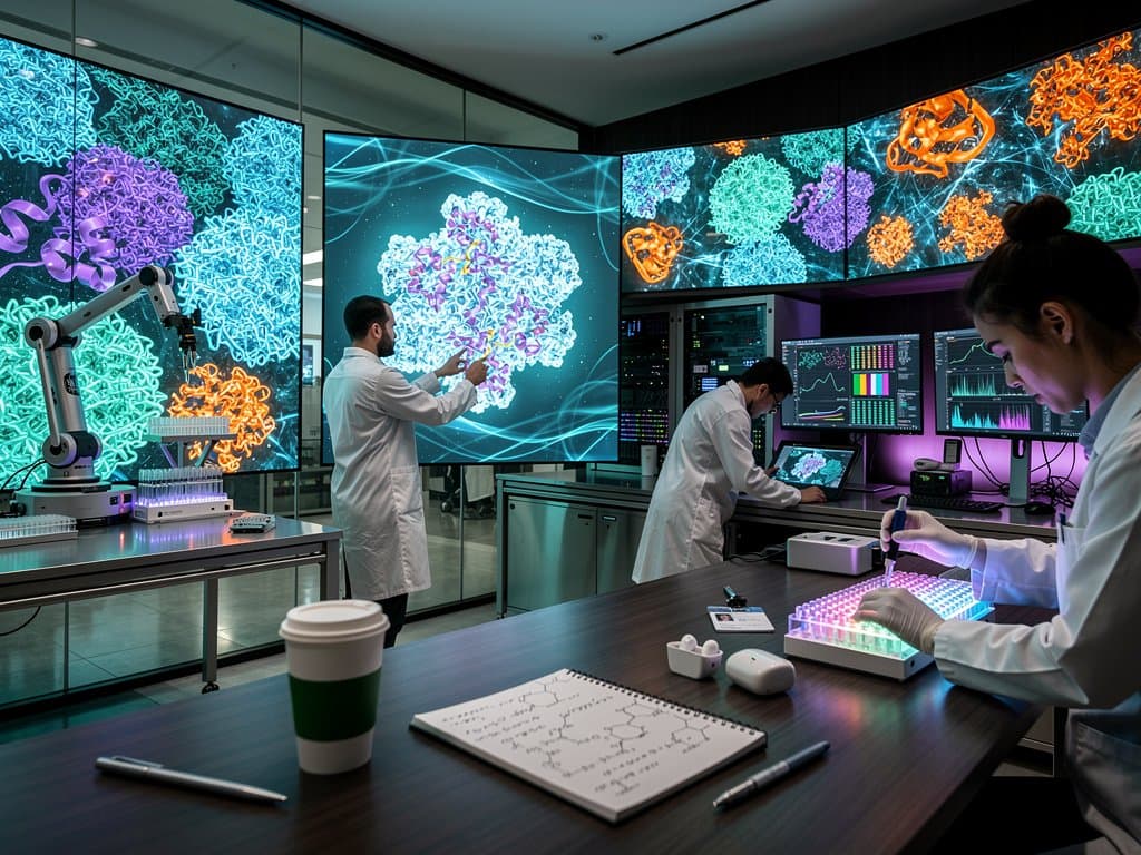 Dynamic 3D rendering of 200 million AI-predicted AlphaFold protein structures on high-tech screens in a modern longevity research lab.