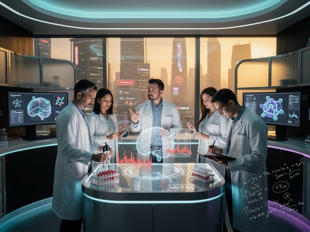 AI longevity lab with researchers analyzing neural networks and biomarkers on screens amid collaborative tech setup