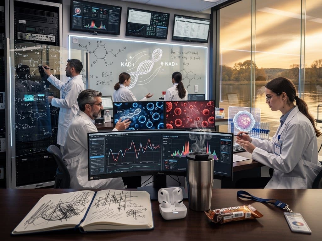 Abstract AI visualization of longevity biomarkers and neural networks on lab displays