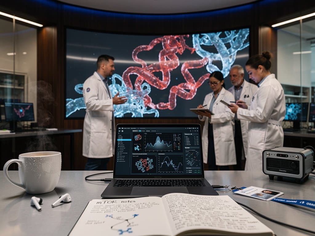 DeepMind lab team analyzes AI protein folding models and longevity data on advanced screens amid high-tech equipment