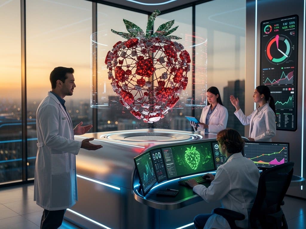 AI lab team analyzes model failures on strawberry task and longevity protein models in high-tech workspace
