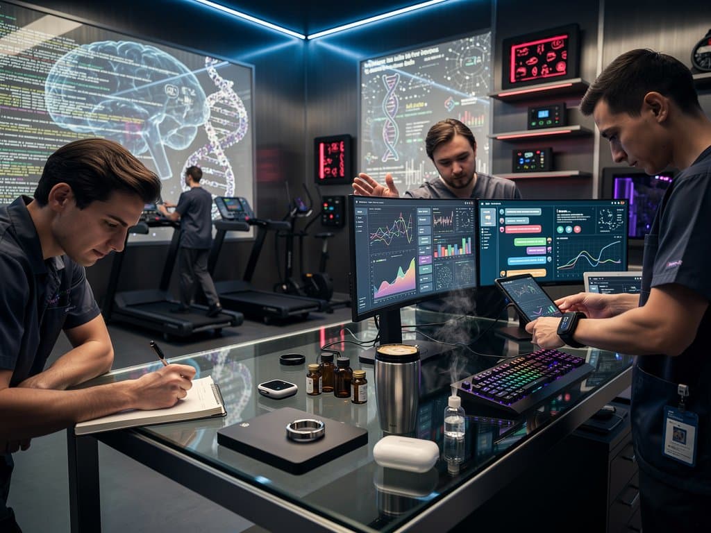 Biohacking lab with AI screens showing longevity data, chatbots, and crypto tickers under blue LED lights
