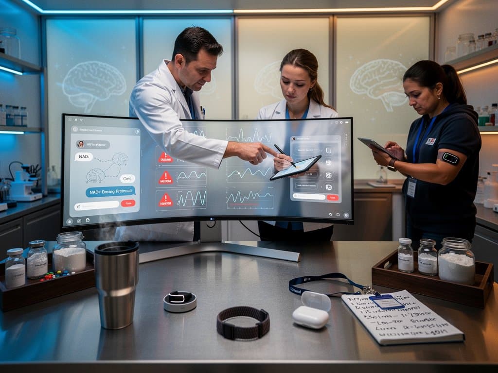 Futuristic lab monitor shows AI chatbots health advice with warnings amid wearables and supplements.