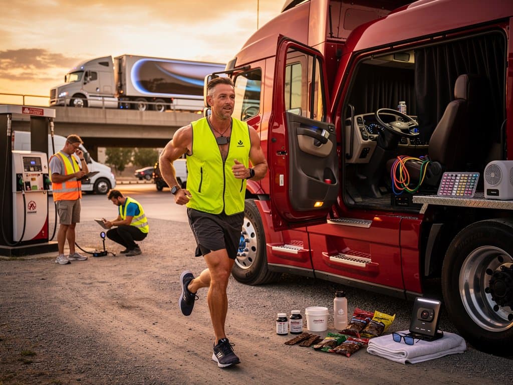 Truck driver biohacking at rest stop with wearables, supplements, and semi-truck, embodying longevity protocols against AI automation