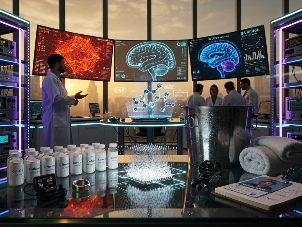 Biohacking lab compares AI computation graphs and human brain scans amid nootropics, neural prototypes, and fitness gear