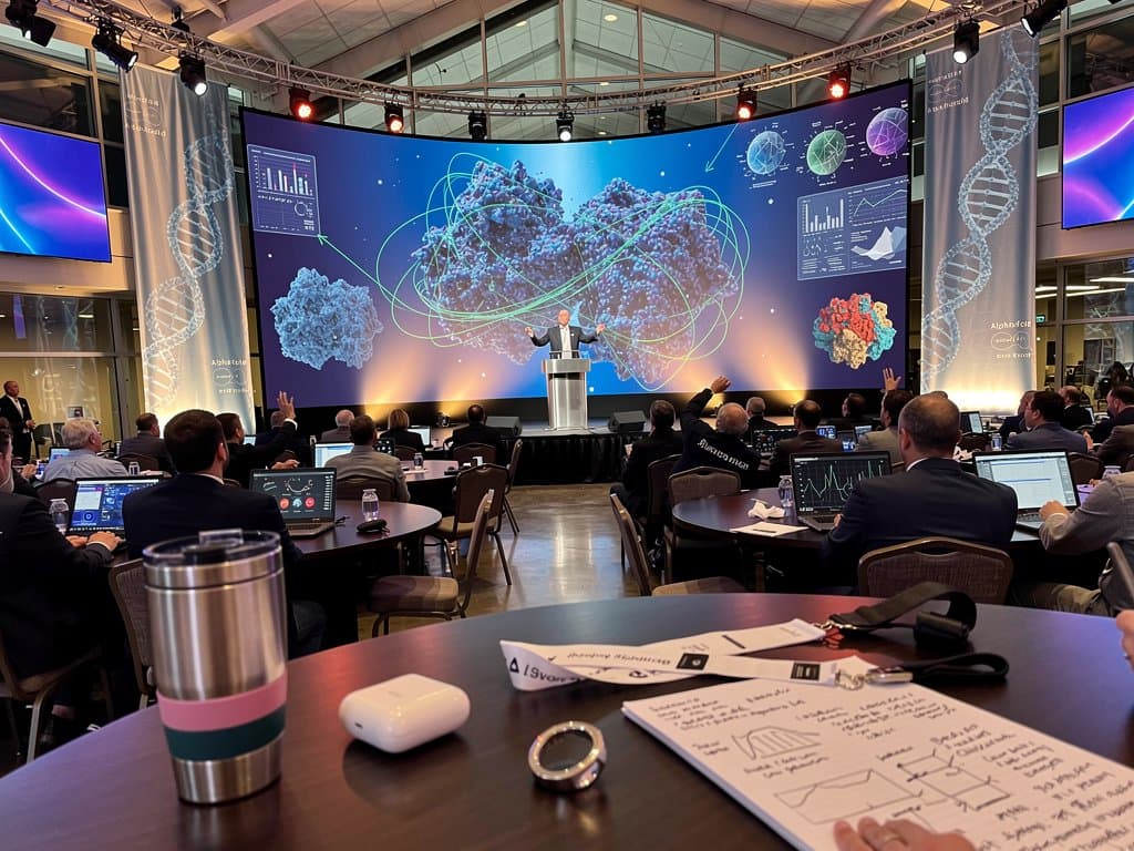 Conference screen shows AlphaFold protein models as attendees discuss AI longevity biohacking