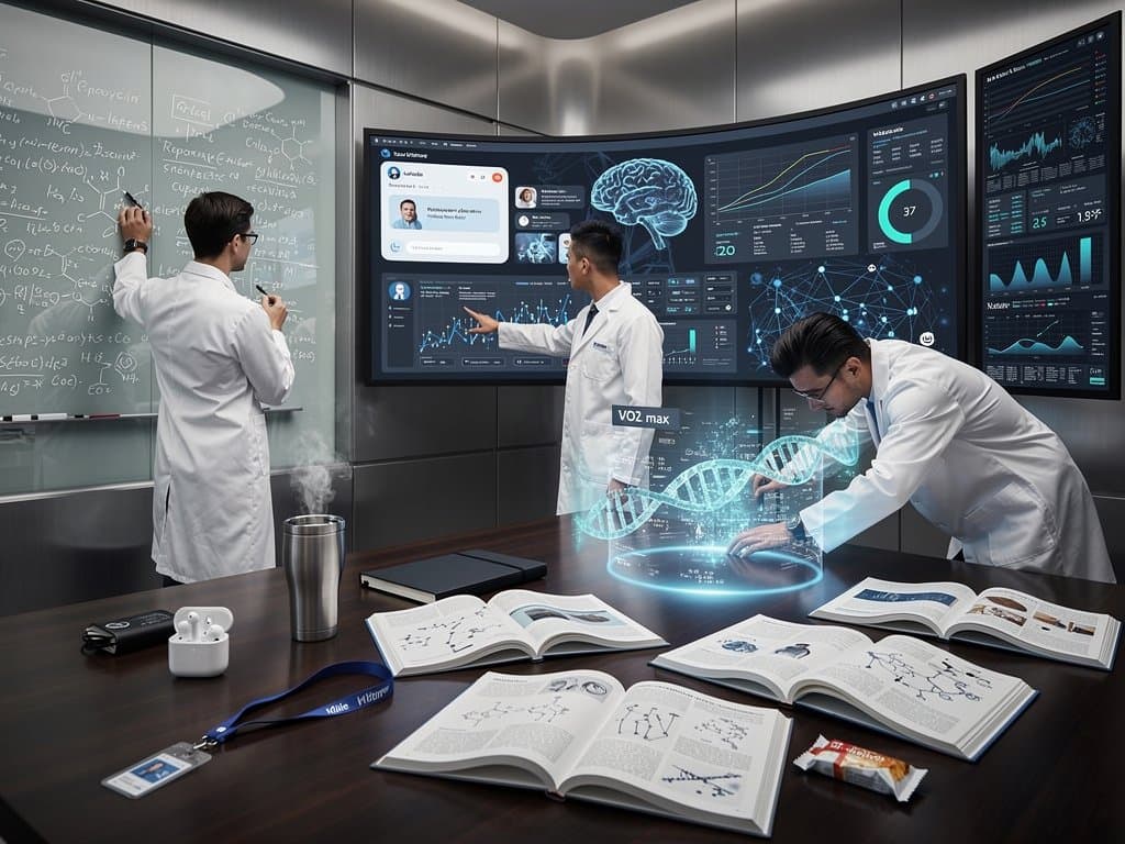 AI health interface with longevity graphs, crypto index, and biotech visuals in modern lab setting