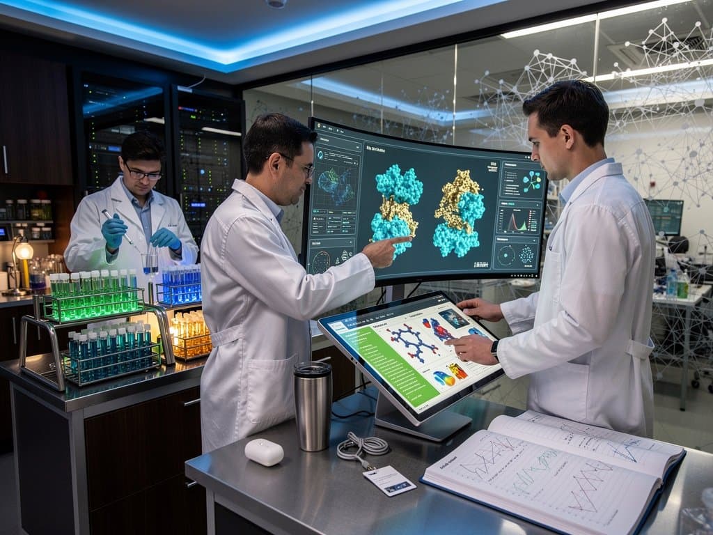 AI lab with protein models, biomarker heatmaps, and server racks visualizing longevity advancements