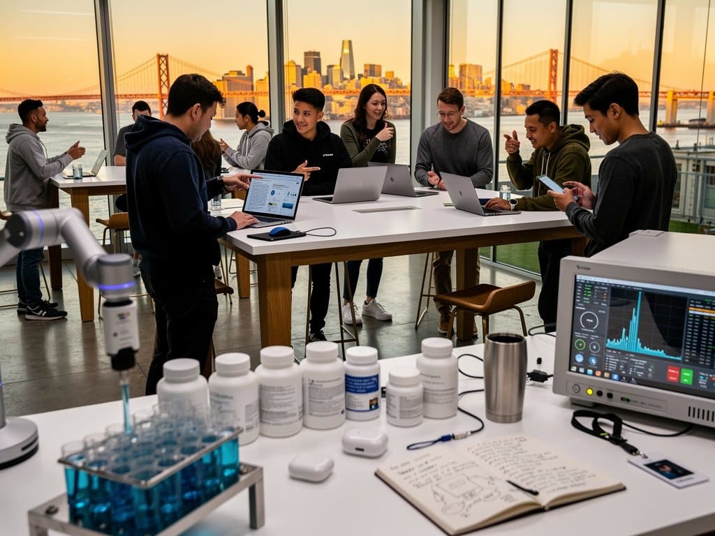 SF biotech lab with peptides, holograms, and Bay Bridge view fueling biohacking discussions