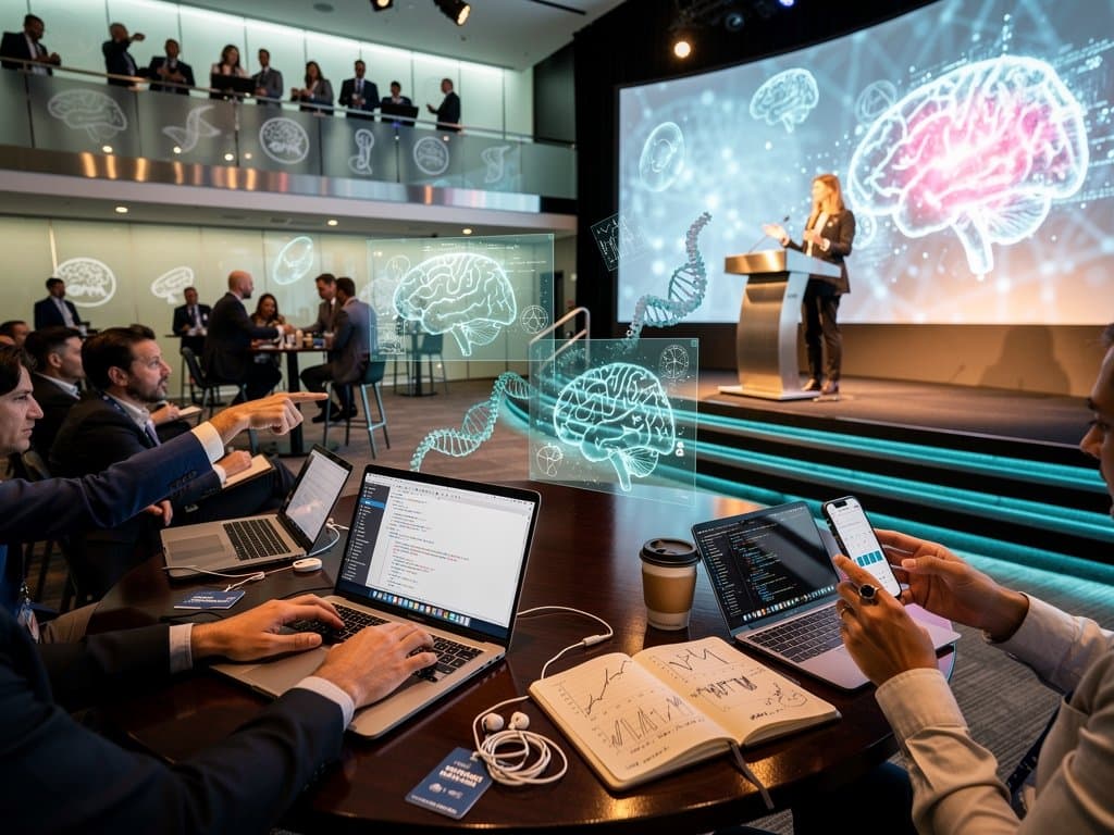 Conference hall with AI neural networks on screen, wearables and laptops on table amid Southeastern AI event innovation