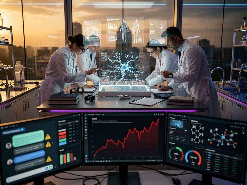 Futuristic longevity lab screens displaying AI health advice interfaces, hallucination warnings, crypto charts with BTC drop to $74,137 USD, and Fear & Greed Index at 27 under cyberpunk LED lighting
