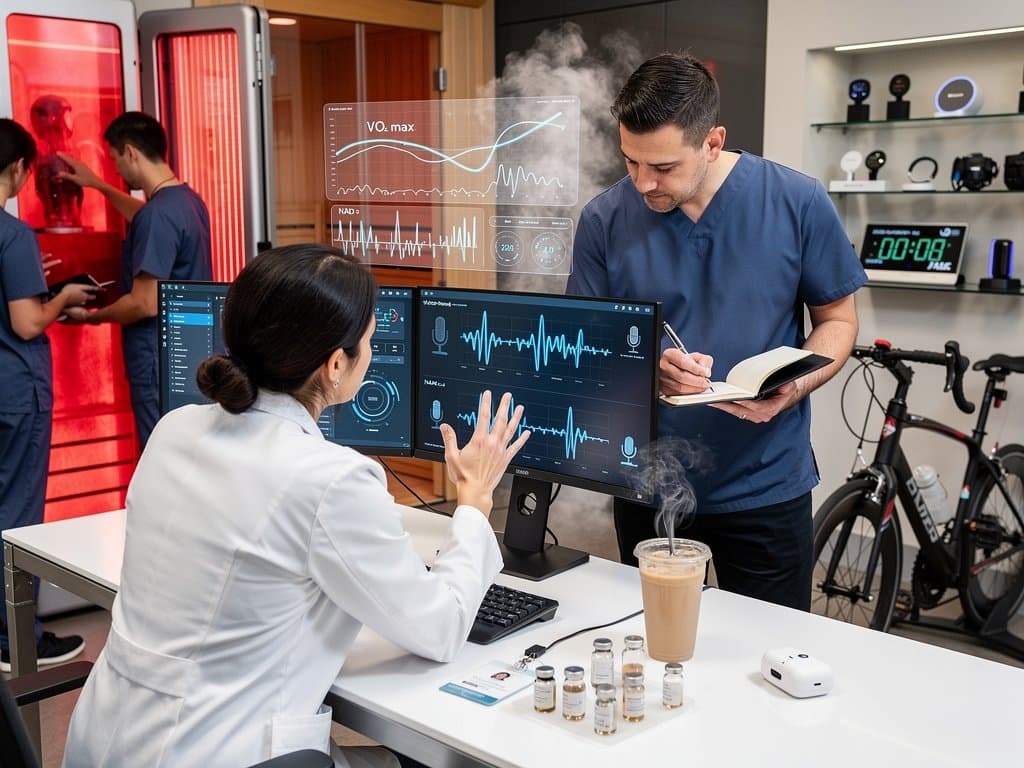 AI scribe interface on clinician workstation with holographic notes and longevity clinic wellness tech in background