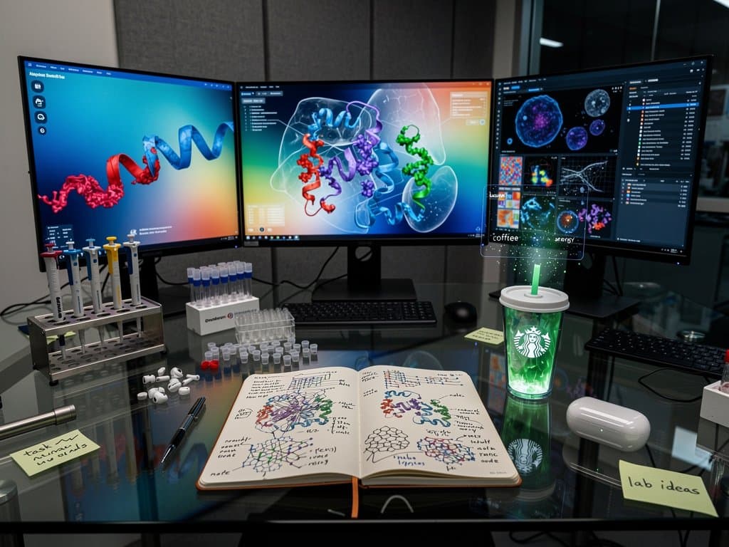 High-tech lab screens display AI protein folding and medical scans amid server racks and molecular diagrams