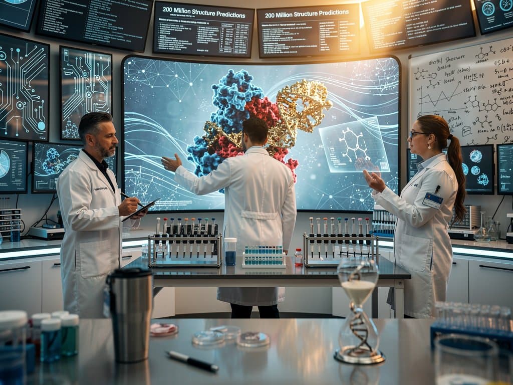 3D protein folding visualization with AI neural networks and longevity symbols on digital screens