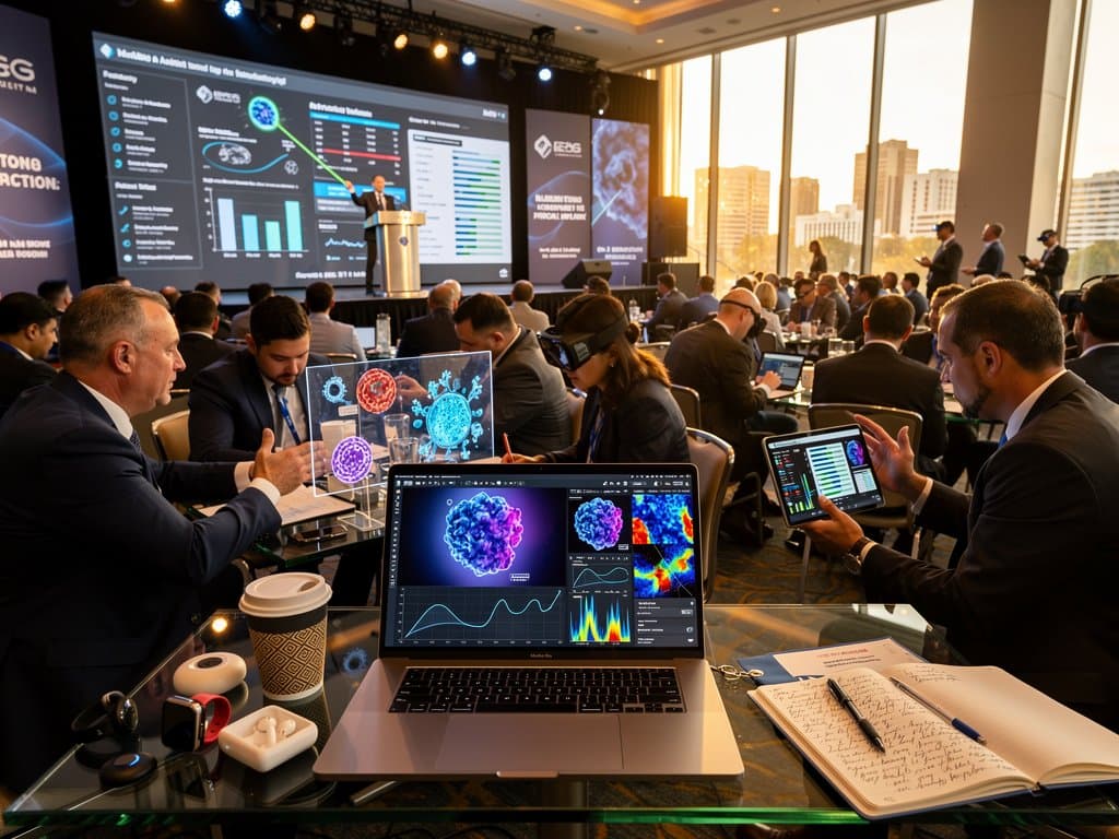 Southeastern AI Healthcare Conference professionals analyze AI biohacking data including protein models, CGM charts, and wearables in innovative venue