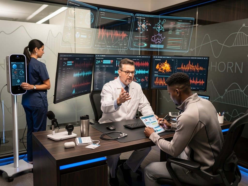 AI scribe interface in longevity clinic showing transcription and healthspan data on monitors amid high-tech equipment