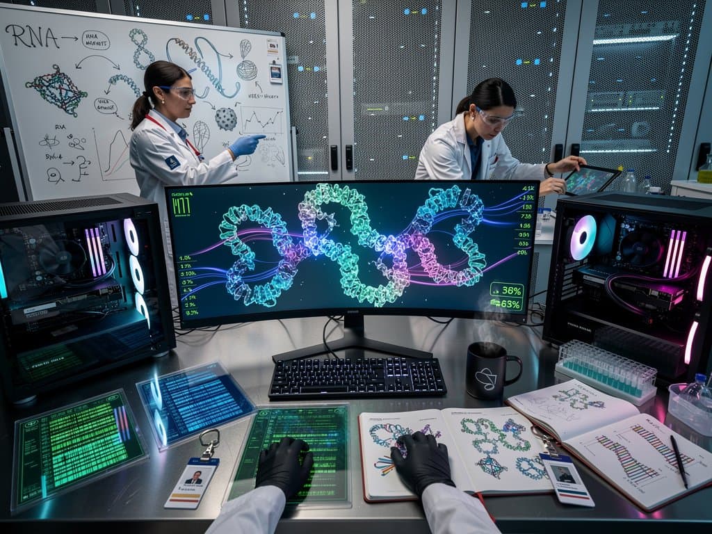 High-tech Penn biotech lab with AI RNA models on curved monitors, server racks, and research printouts evoking innovation in longevity drug design