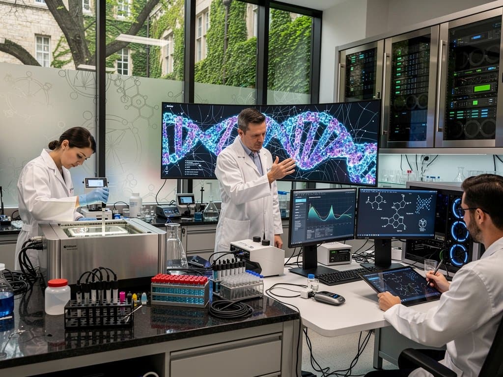 High-tech Penn lab displays dynamic 3D RNA models and AI neural networks for longevity drug design amid modern biotech setup