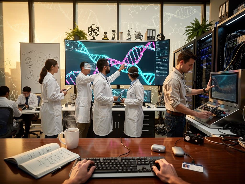 Engineers analyze 3D RNA models on monitors in a University of Pennsylvania AI lab with glass walls and molecular diagrams