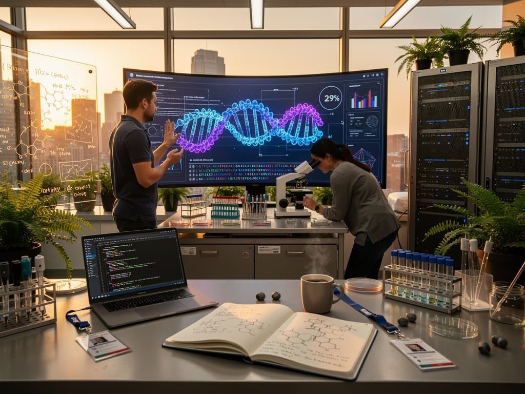 High-tech Penn lab with 3D RNA models on monitors, AI simulations, petri dishes, and molecular whiteboards