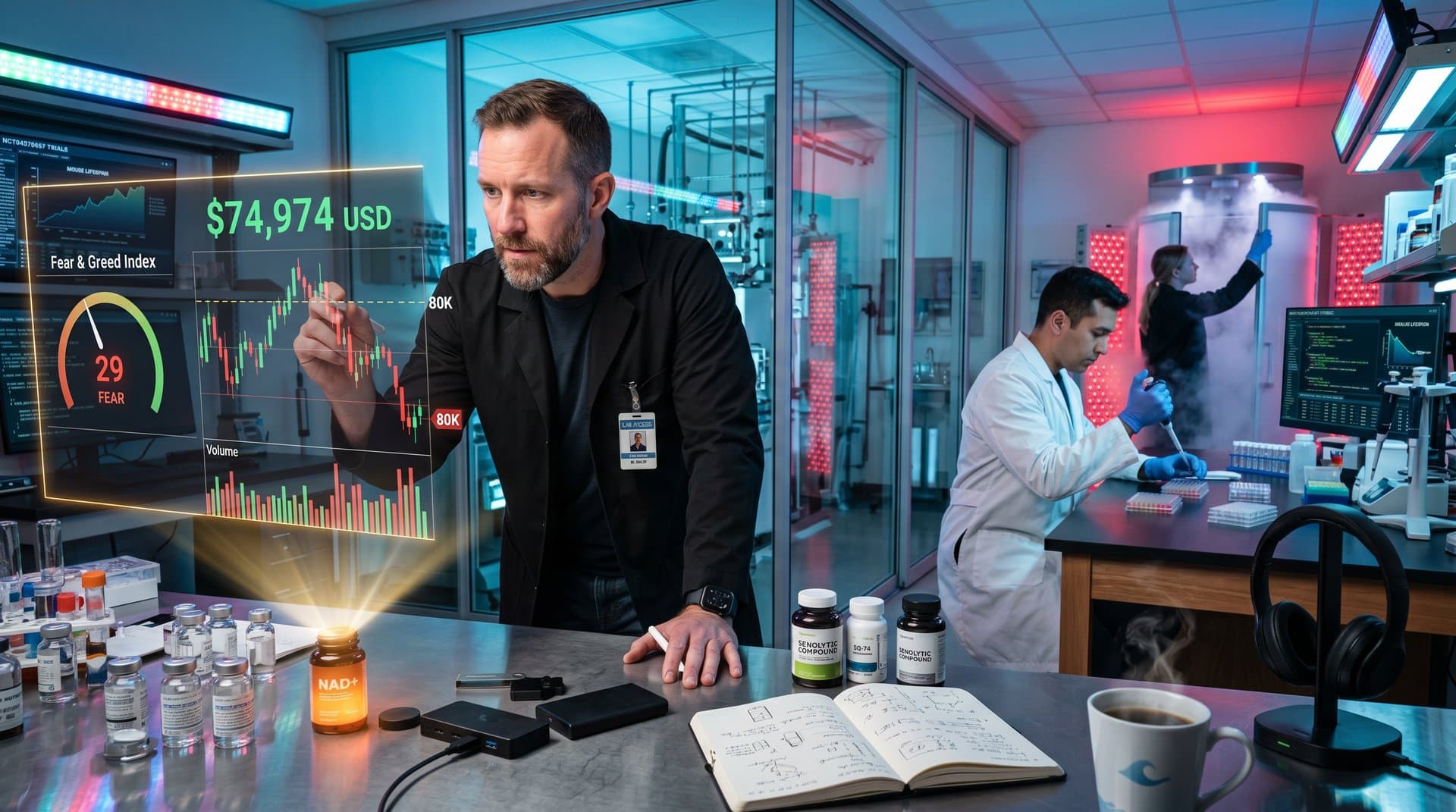 Biohacker analyzes Bitcoin under $80,000 charts in longevity lab with NAD+ vials, wearables, and clinical trial screens