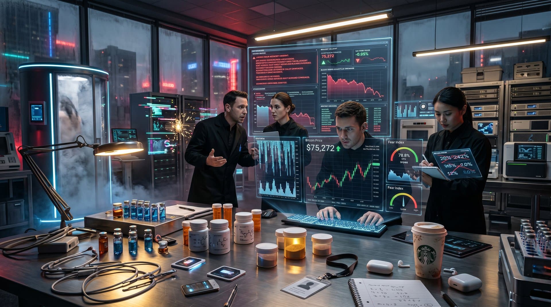 Cyberpunk biohacking lab with hacked DeFi screens, longevity supplements, and crashing charts highlighting Kelp DAO $293M loss