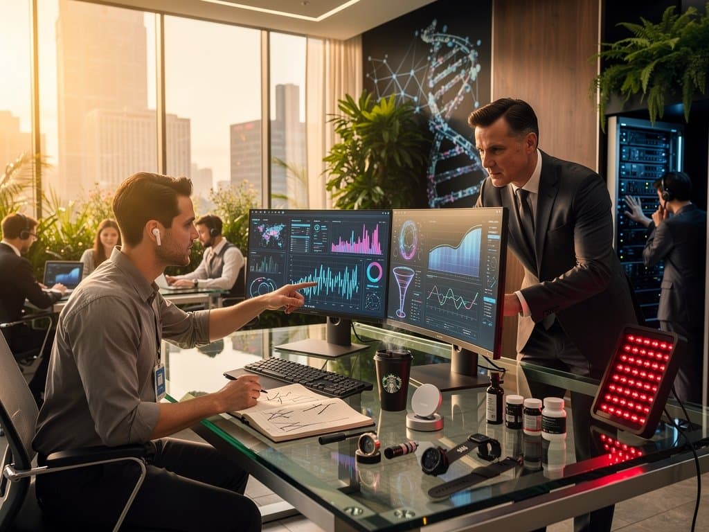 Agentic AI dashboards show revenue metrics and biohacking charts in modern office with wearables and healthspan tools
