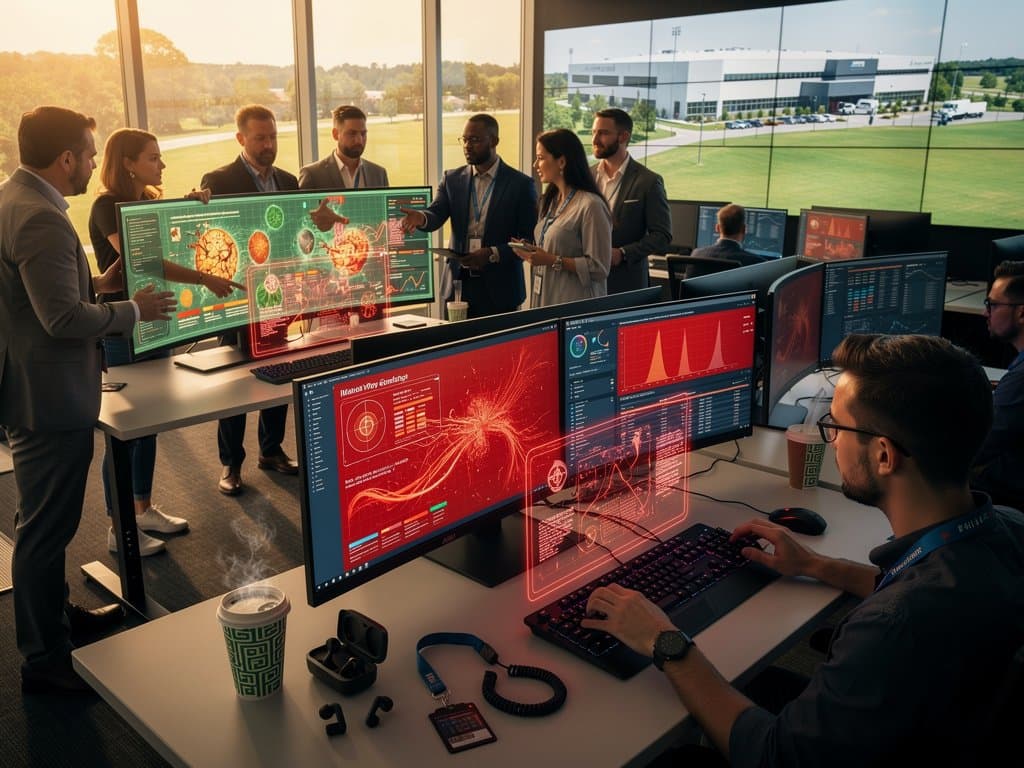 AI cybersecurity researchers in UAH Innovation Hub lab analyze threat maps on monitors amid Huntsville research park views and secure servers