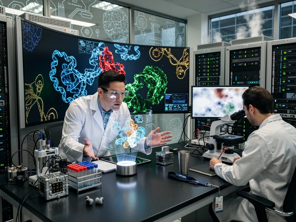 Scientists collaborate on AI protein models across large curved monitors in Google DeepMind's modern research lab with server racks and city views