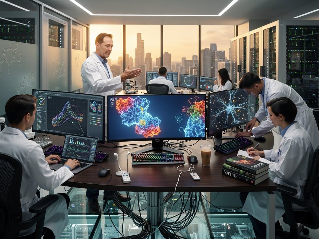 High-tech lab screens show AI-modeled 3D protein structures and molecular simulations amid servers and research tools