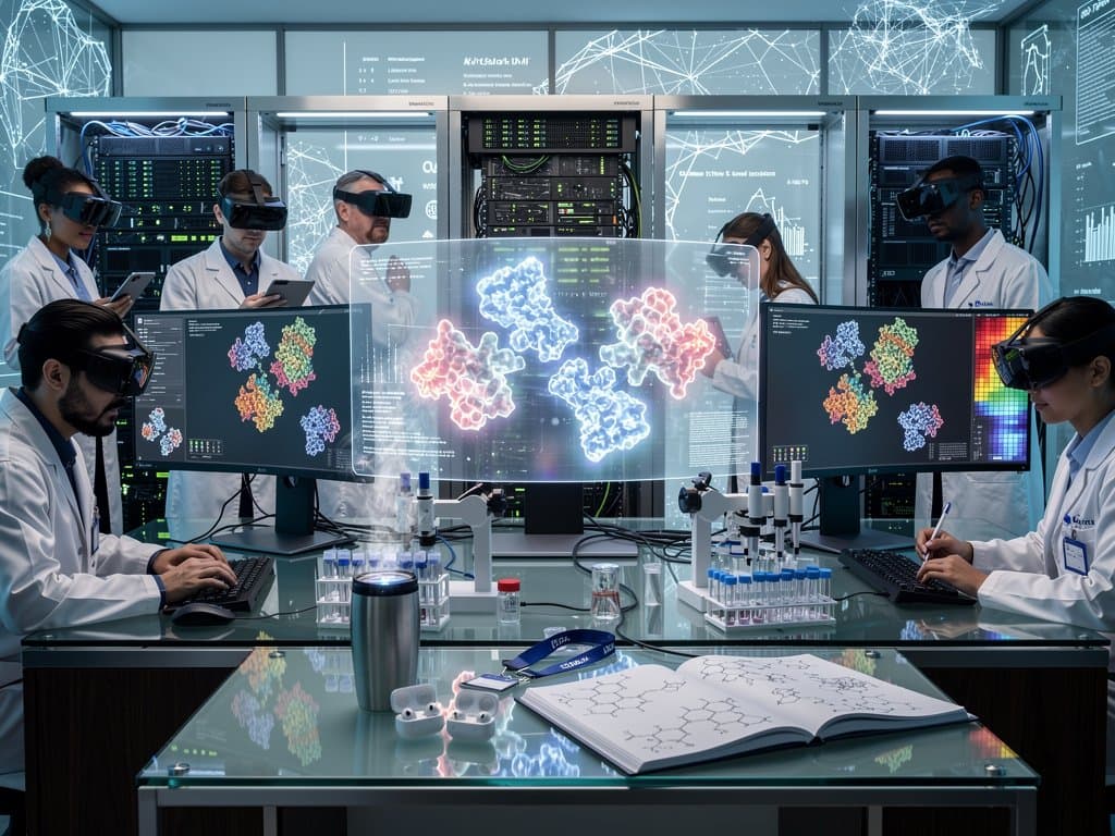 AI drug discovery lab with holographic protein models and trial data visualizations