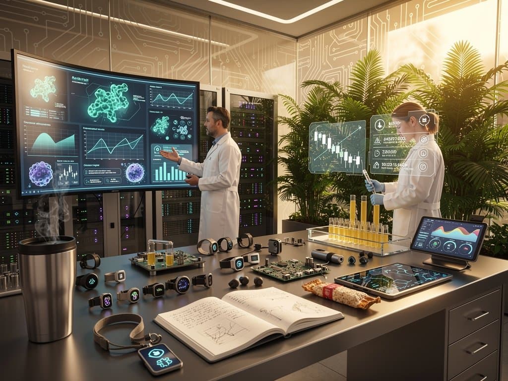 Futuristic AI longevity lab screens showing protein models, biomarkers, and crypto charts amid sleek tech setup