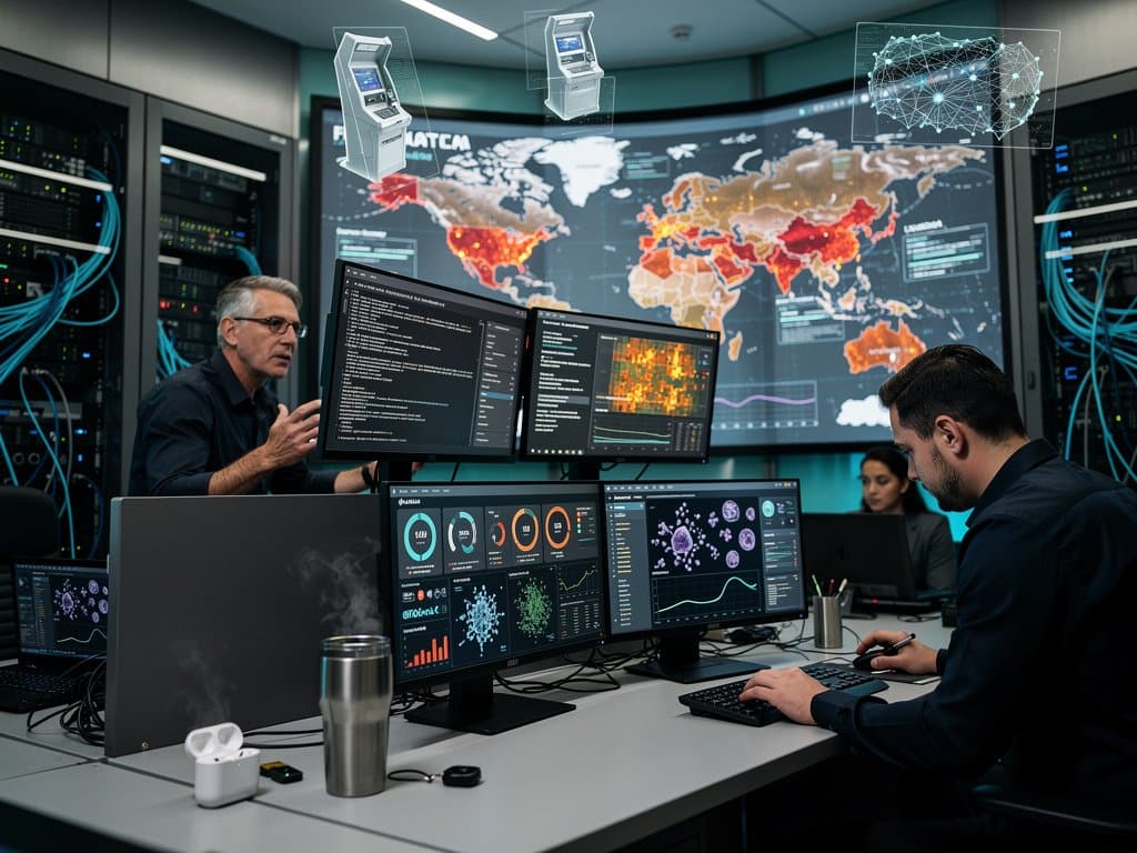 Cybersecurity analysts monitor ATM threat alerts on video wall and multi-monitors in operations center