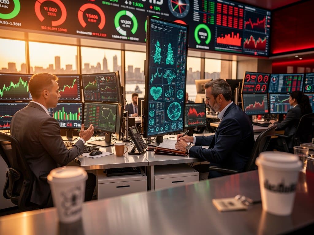 Analysts on trading floor analyze Virginia Tech TRUST AI-driven corporate bond data on Bloomberg terminals with multi-monitor setups