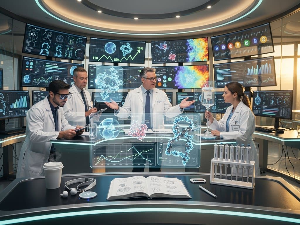 Holographic AI dashboard displaying longevity biomarkers, protein models, and crypto tickers in high-tech hospital setting