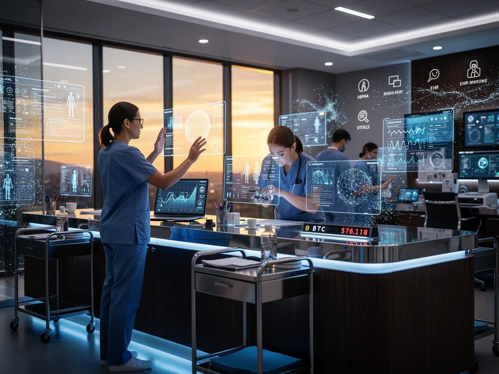 Futuristic AI-powered nurse station displaying vitals, longevity biomarkers, EHR integrations, and BTC ticker in high-tech hospital