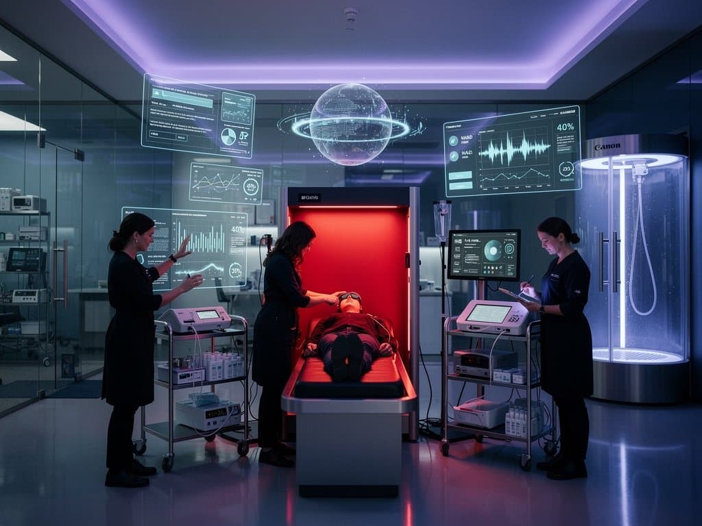 Futuristic biohacking clinic with AI workflow dashboards, holographic interfaces, and longevity therapy icons