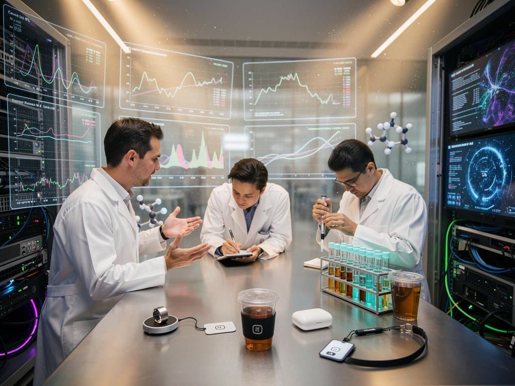 AI longevity lab screens show biomarker analysis, crypto charts, and wearables amid risk warnings from Connecticut police AI pause