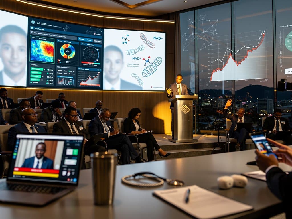 AI electoral training session in modern Trinidad auditorium with deepfake detection screens, crypto charts, and professional delegates