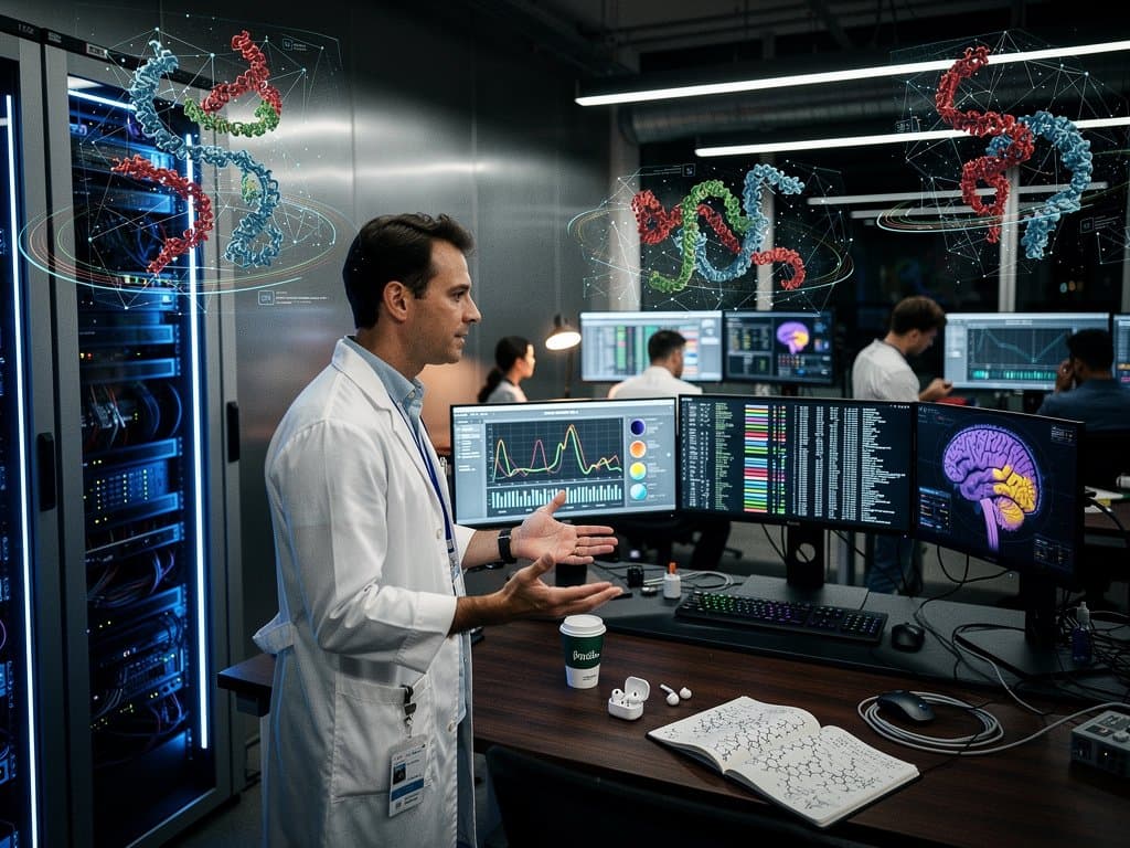 AI supercomputer lab displaying protein models, biomarker graphs, and longevity simulations in modern university setting