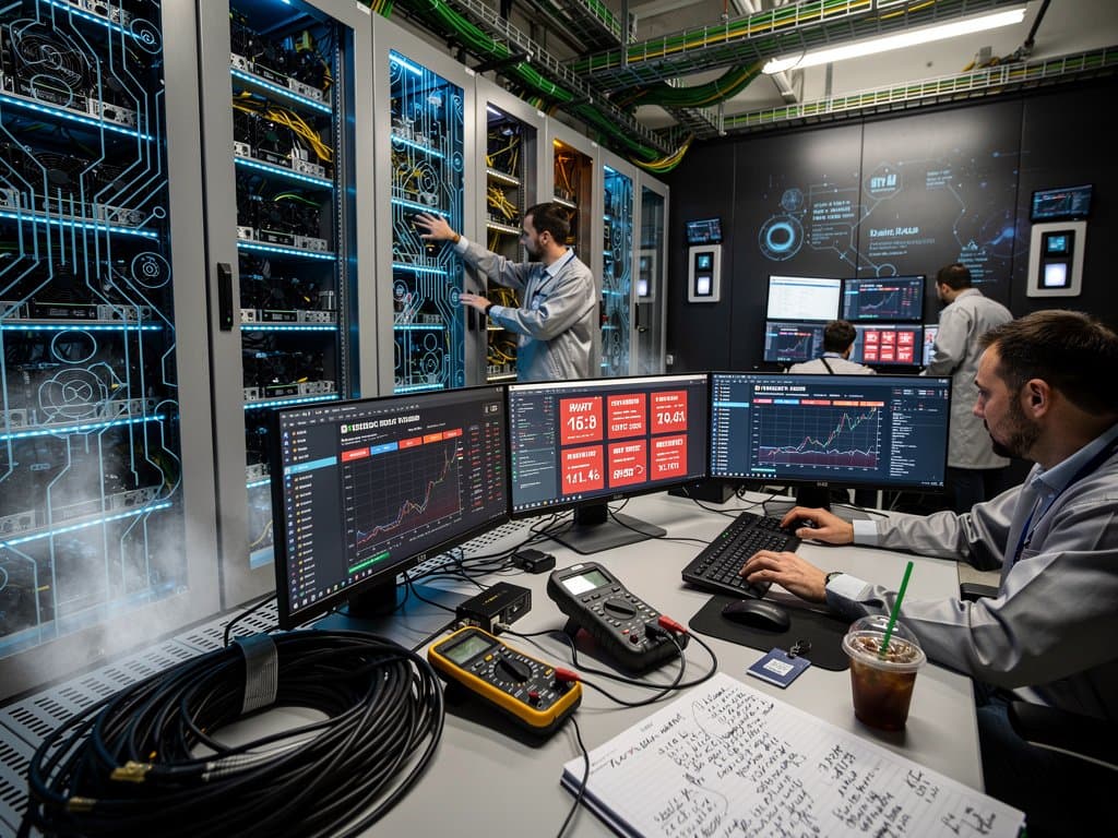 Technician adjusts crypto mining rigs amid server racks and market data screens in a premium Tier IV data center