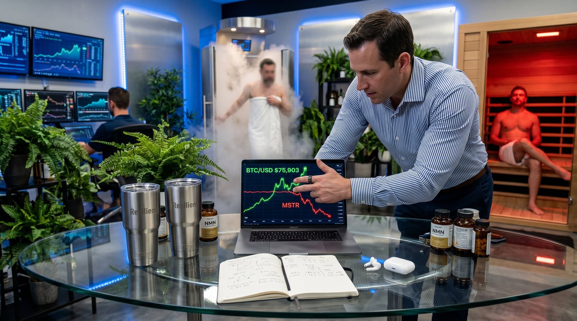 Biohacking setup with Oura Ring, supplements, and screens showing Bitcoin at $75,903 and falling MicroStrategy stock amid sauna and cryotherapy.
