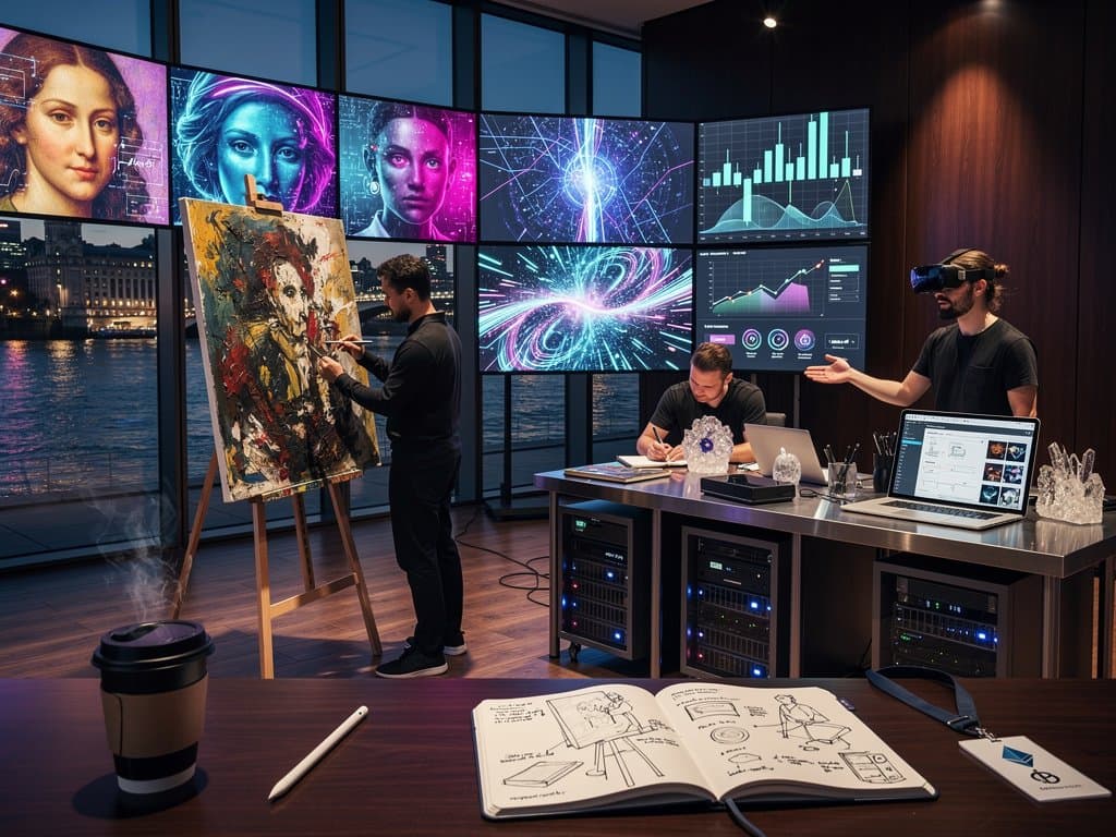 AI-generated surreal art evolves on lab monitors amid neural graphs and city skyline, symbolizing digital immortality in AI art market