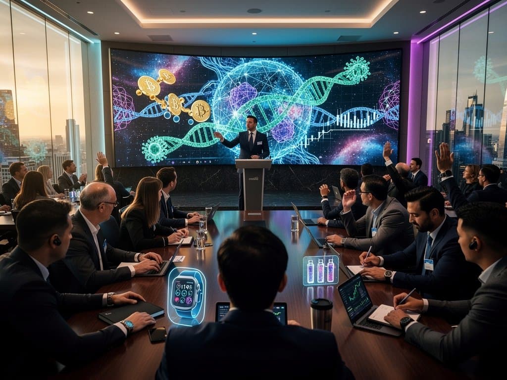 Abstract AI neural networks merge with DNA, crypto symbols, and biohacking elements symbolizing art-funded longevity nutrition