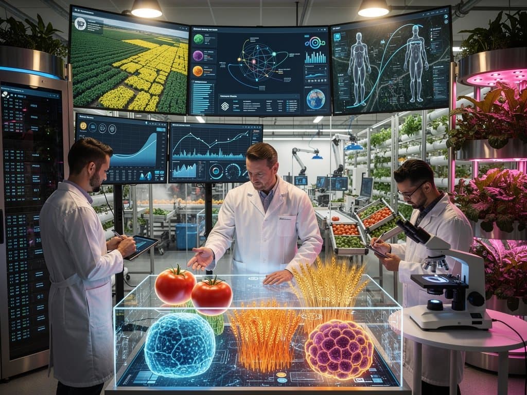 Agtech control room with AI crop simulations on video walls, workstations analyzing data, and vertical farm view