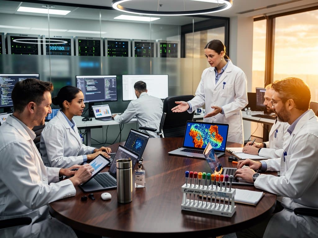 Biotech lab with multi-omics data visualizations, genomic heatmaps, and network graphs on screens in modern workspace