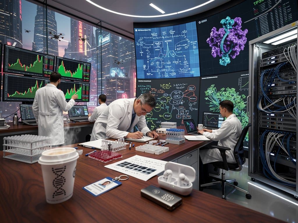 AI multi-omics cancer research visuals on lab screens with BTC charts and biotech tools