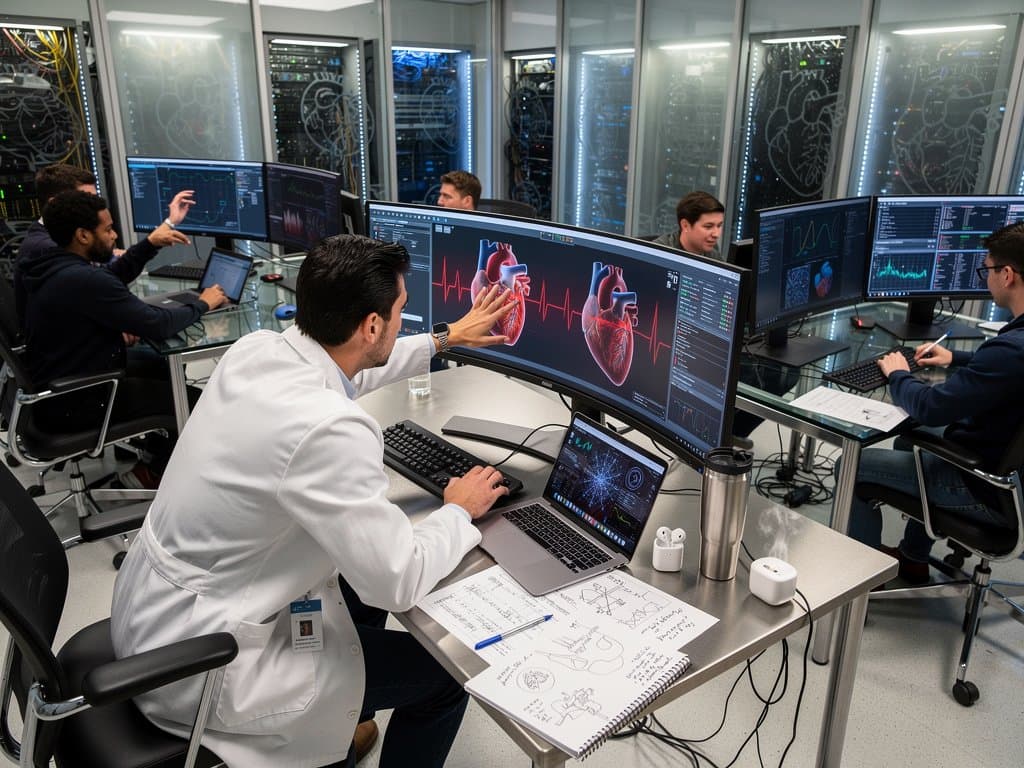 AI heart disease diagnosis visualization in modern university lab with 3D heart models and data screens